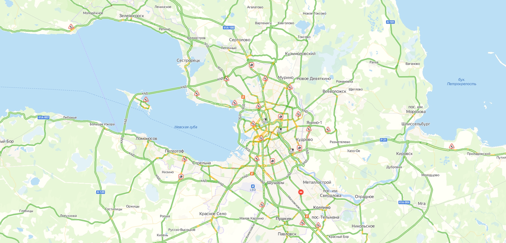 Пробки на КАД сейчас на карте Яндекс — Пробки в Санкт-Петербурге онлайн